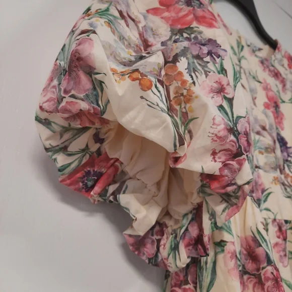 Polagram Cream Floral Puff Sleeve Tiered Mini XL Sonia Dress Side Pockets NWT - Picture 8 of 16